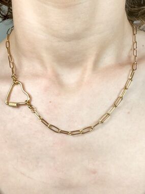 * Gold Tone Paperclip Chain Heart Carabiner screw lock Clasp Necklace Minimalist
